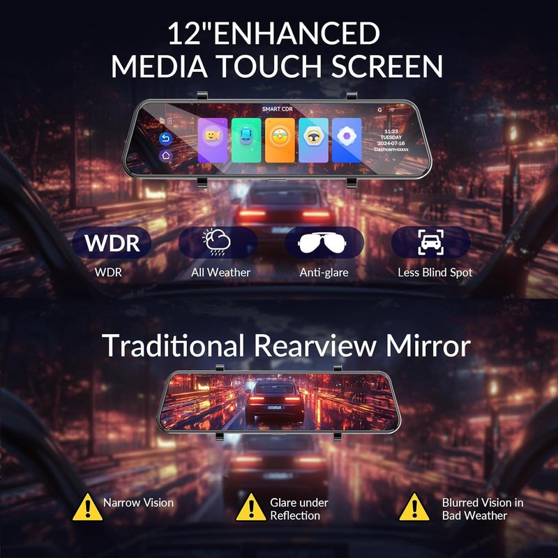 Aprilboy 4K + 2.5K Mirror Dash Cam, 12'' Smart Rear View Mirror Camera with with IMX415 Sensor, WiFi, ADAS, BSD, GPS, Full HD Touch Screen, APP Control, Night Vision, Parking Monitoring, Free 64GB Card - Image 5